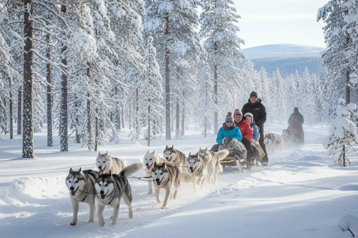 Tourists riding a dog sledding team through a snowy forest near Idre Fjäll, Sweden.