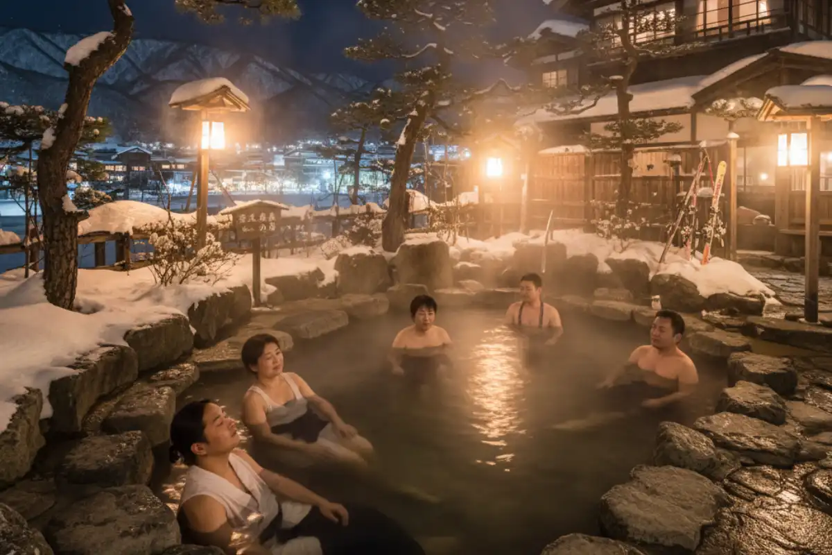 People relaxing in a traditional Japanese hot spring bathhouse (sotoyu) at night after a day of skiing in Nozawa Onsen.