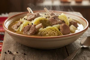 A steaming bowl of traditional Norwegian fårikål stew with lamb and cabbage on a wooden table
