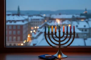 A small, modern travel menorah made of metal and holding colorful small candles sits on a hotel windowsill with a scenic cityscape visible outside, capturing the spirit of celebrating the Festival of Lights while far from home.