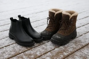 Two pairs of contrasting winter boots—one sleek, waterproof leather pair for city travel, and one rugged, heavily insulated pair designed for deep snow and cold—placed side-by-side on a snowy wooden deck.