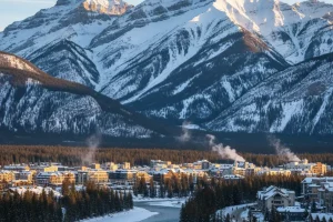View of the town of Banff nestled in the valley with the towering Canadian Rocky Mountains in the background.