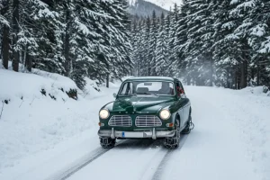 A vintage car with snow chains on its tires drives carefully along a winding, snow-covered mountain road flanked by thick pine trees.