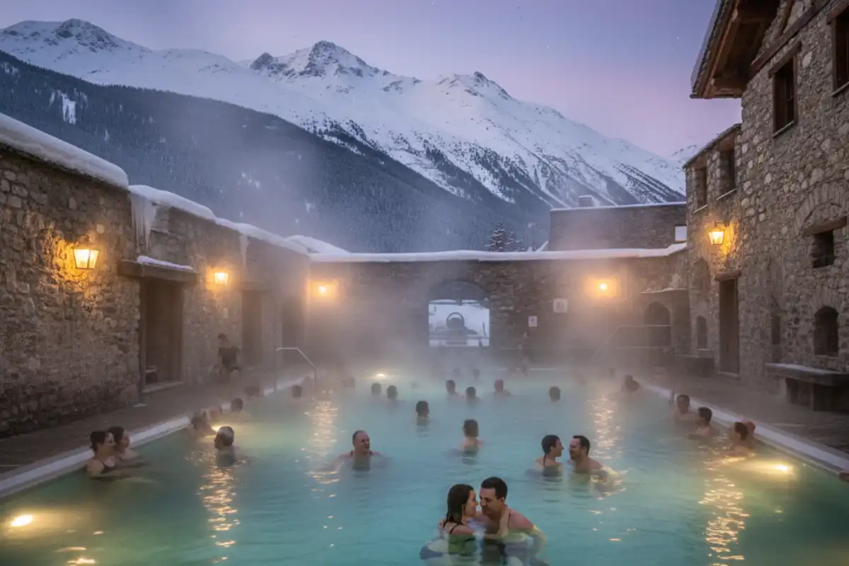 People relaxing in the large, warm outdoor thermal pool at Bagni Vecchi in Bormio with a view of the snowy mountains in the background.