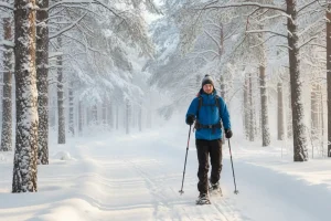 A person wearing modern snowshoes walking effortlessly across a deep, freshly fallen snow-covered trail in a quiet pine forest, emphasizing the ease and tranquility of low-impact winter exercise.