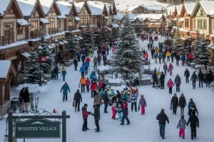 Whistler Village with ski slopes and the surrounding mountains in the background.