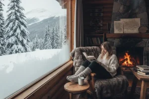 A woman reading by a large window in a cozy, remote cabin covered in fresh snow
