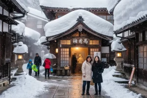 A traditional wooden bathhouse (sotoyu) in Nozawa Onsen village, with snow covering the surrounding traditional Japanese buildings.