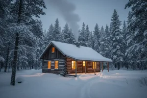 A remote wooden cabin in the Canadian snow with light shining from the windows and chimney smoke