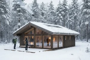 A modern wooden eco-lodge cabin nestled in deep snow with minimal environmental footprint
