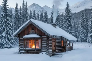 A cozy wooden cabin nestled in a snowy mountain forest with smoke rising from the chimney