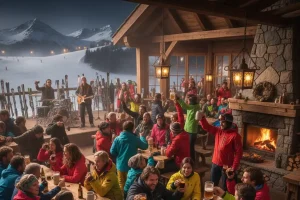 A crowded, lively wooden tavern at the base of a ski slope, filled with people in ski gear raising mugs and glasses, with music playing and a palpable atmosphere of post-slope celebration and camaraderie.