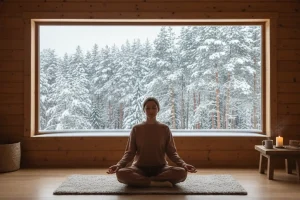 A person performing a peaceful seated yoga pose (Sukhasana) inside a large, naturally lit wooden cabin or studio with snow-covered pine trees visible through the window, creating a serene and introspective winter atmosphere.