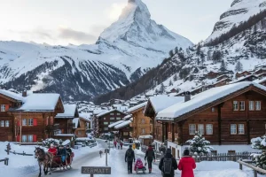 Zermatt village with the Matterhorn (Cervino) mountain dominating the skyline in winter.