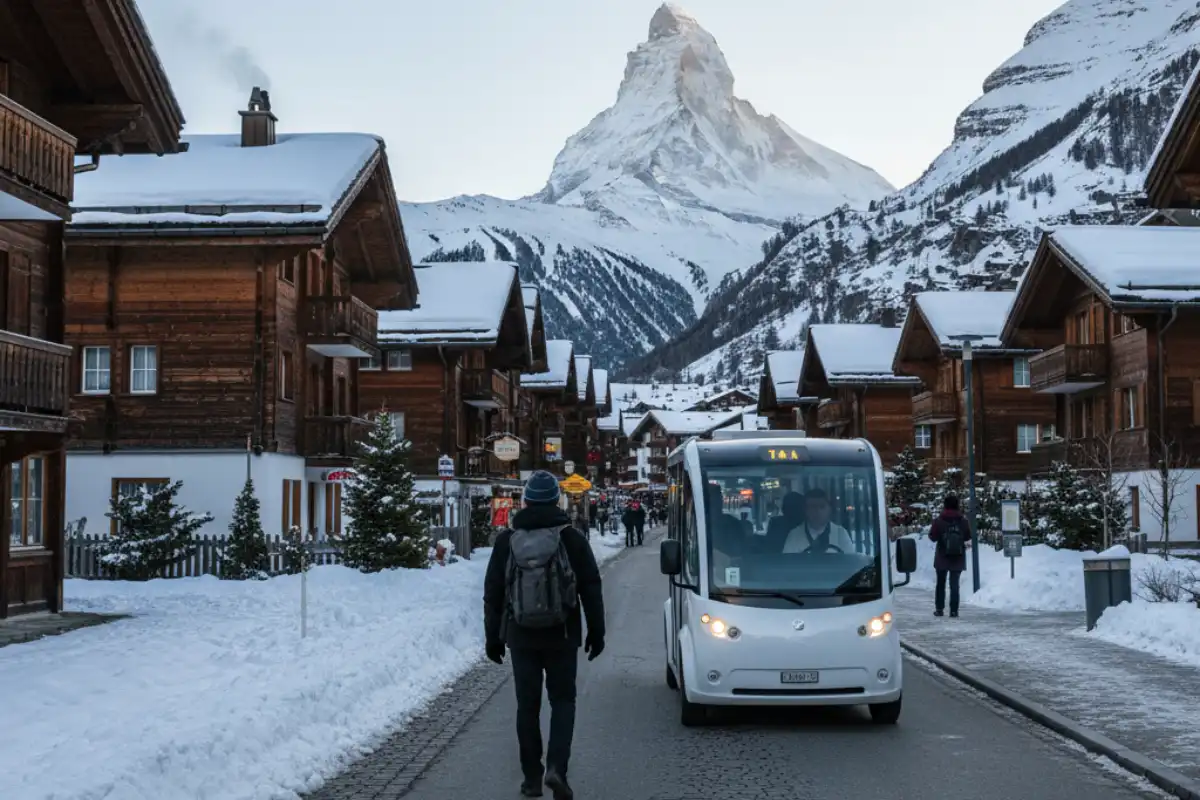 A view of Zermatt's car-free streets with electric taxis and a walking tourist.