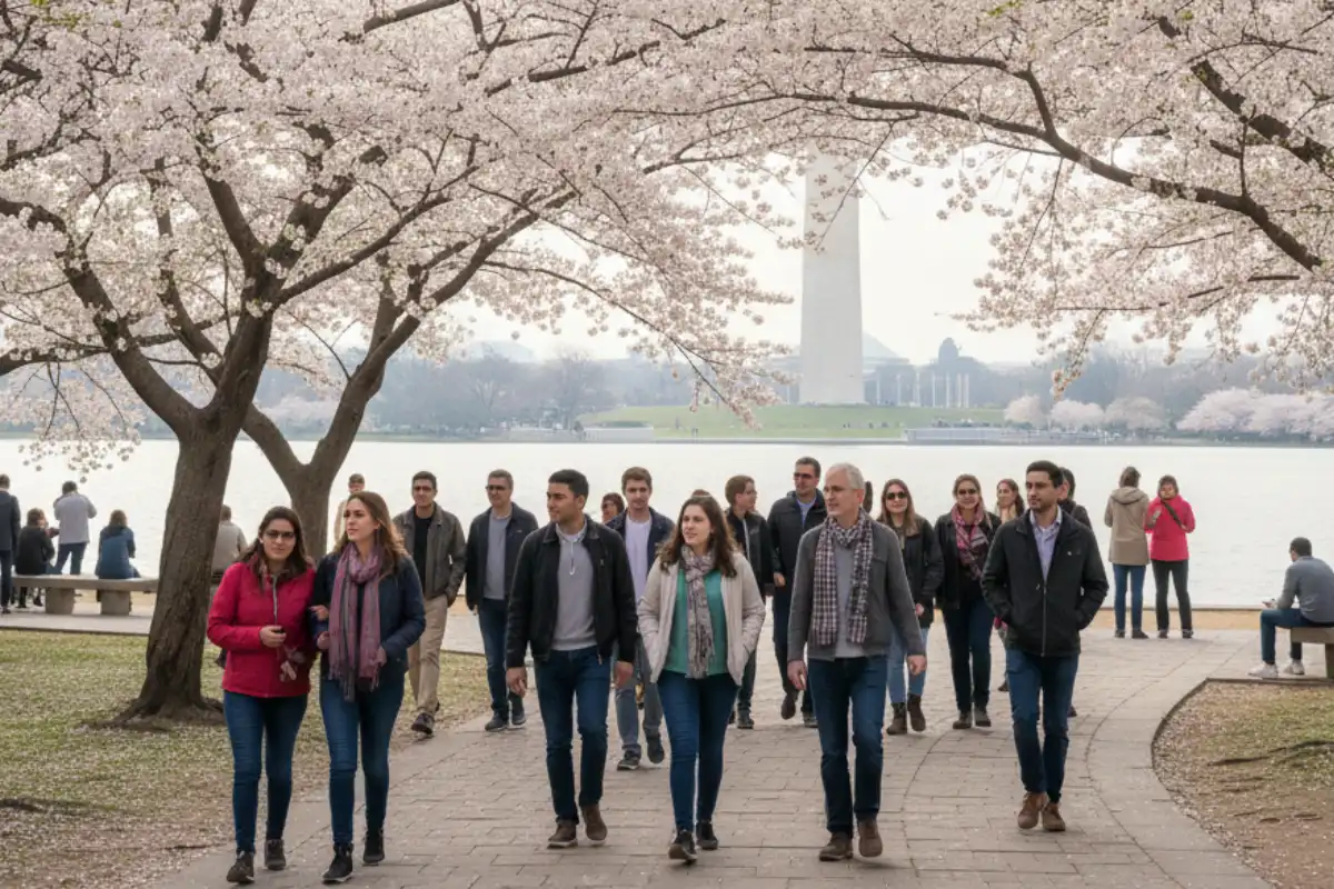 People walking along the Tidal Basin with pink cherry blossoms overhead.