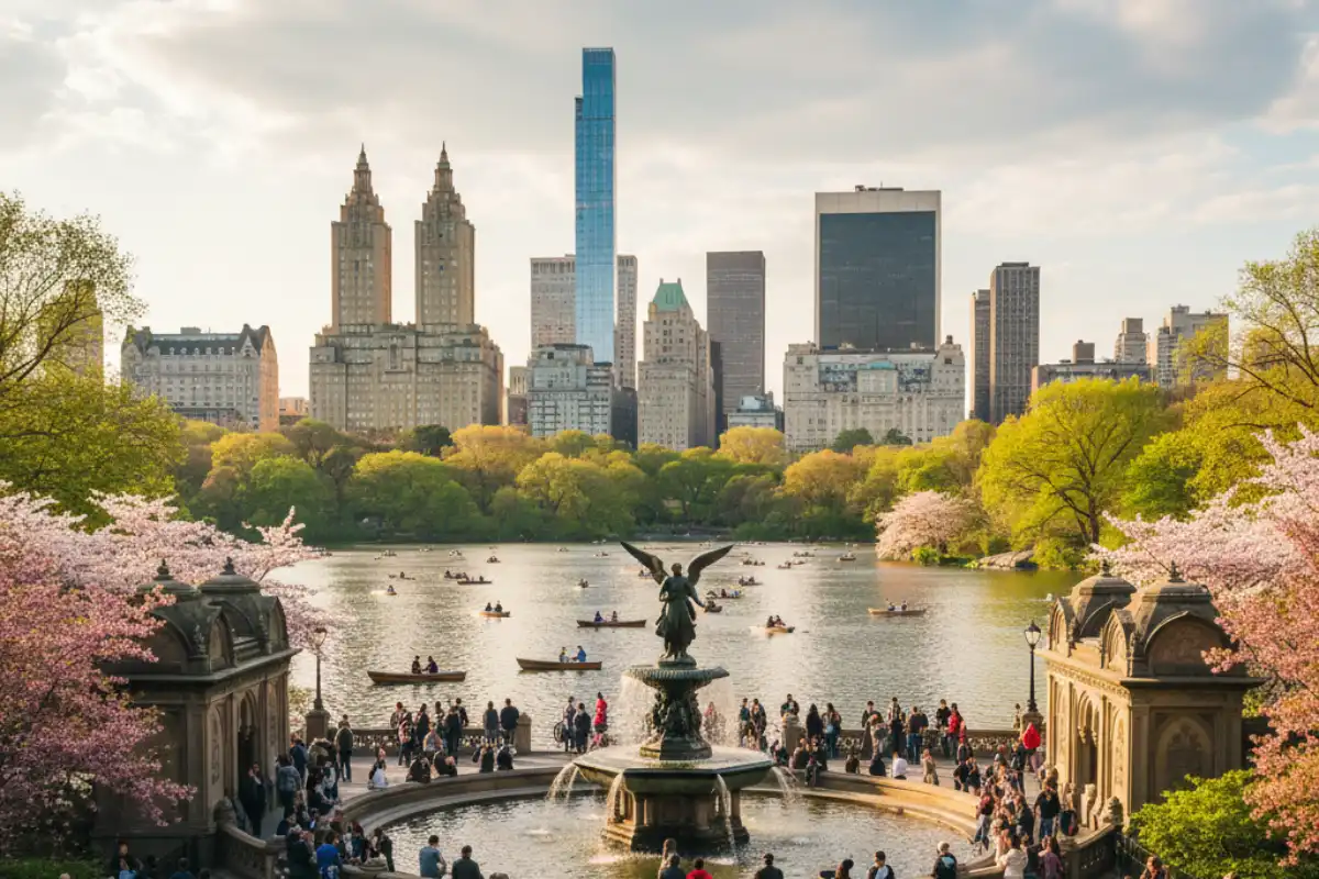 The Bethesda Fountain in Central Park with rowing boats on the lake.