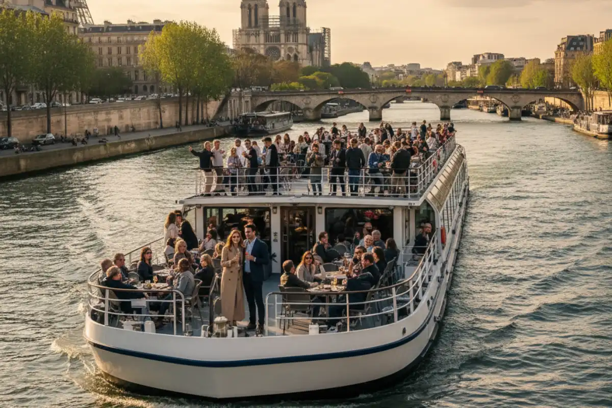 People enjoying a boat cruise on the River Seine in Paris with the city skyline in the background.