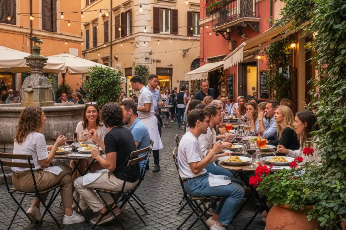 A lively outdoor café in Trastevere with people enjoying wine and pasta amidst historic Roman buildings.