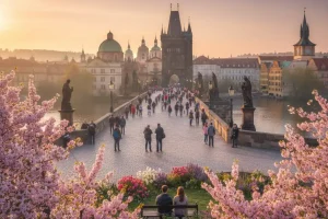 Charles Bridge in Prague at sunrise with pink spring flowers in the foreground.