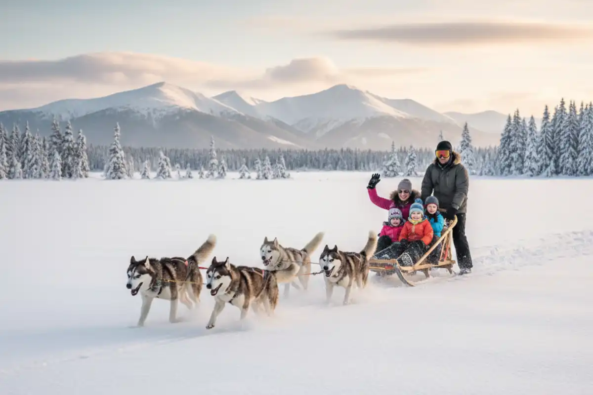 A group of people enjoying a dog sledding ride across a large snowy field in Donovaly, Slovakia, with mountains in the background.