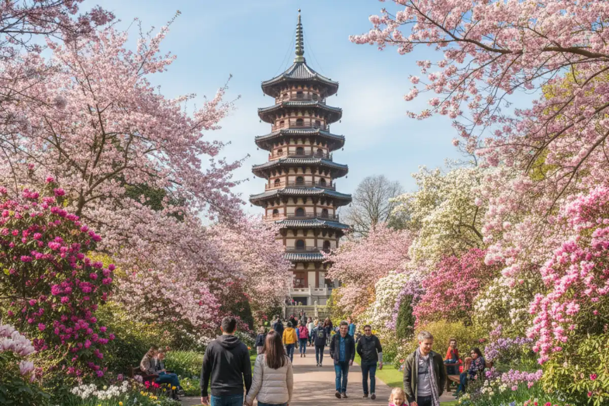 The Great Pagoda at Kew Gardens surrounded by spring blossoms.