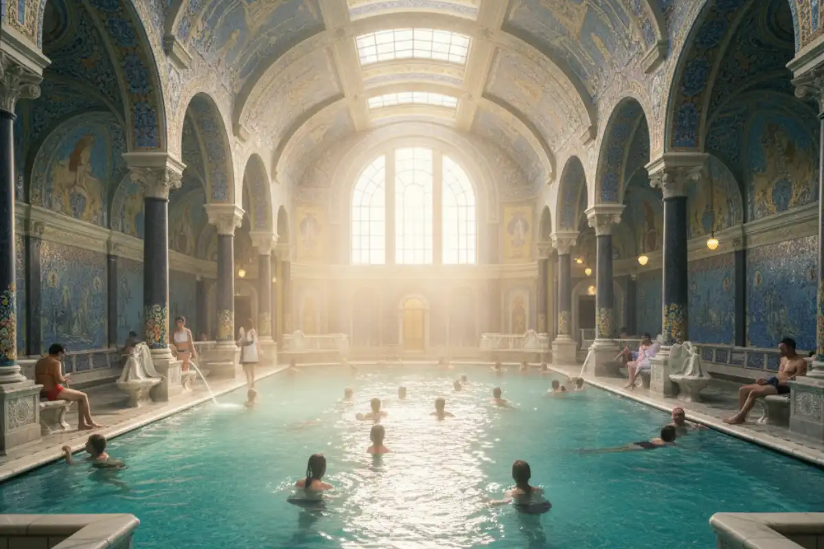 Interior of Gellert Baths with blue mosaics and sunlight.