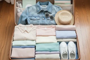 Neatly organized suitcase with pastel clothes and a light denim jacket