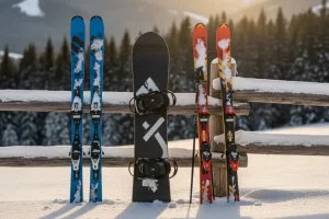 Two pairs of skis and a snowboard resting vertically against a wooden fence on a snowy mountain