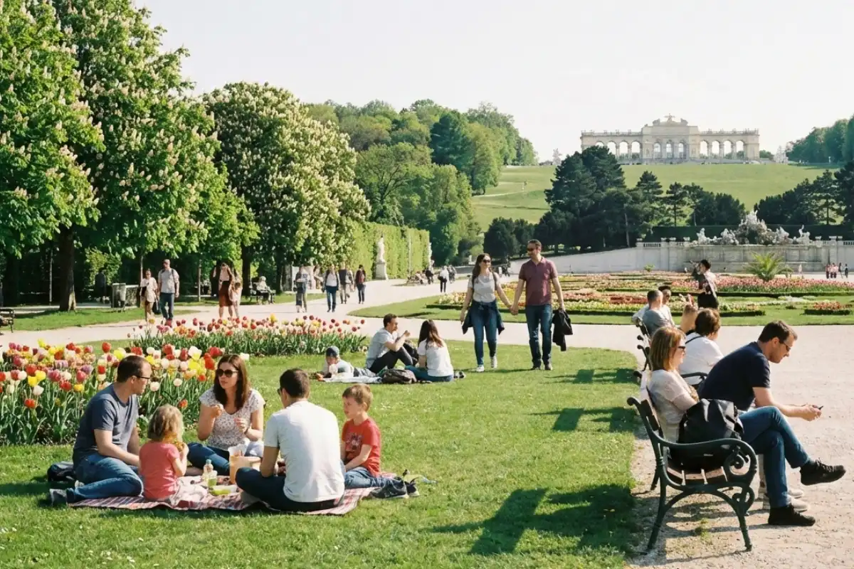 People sitting in the gardens of Schonbrunn Palace during spring.