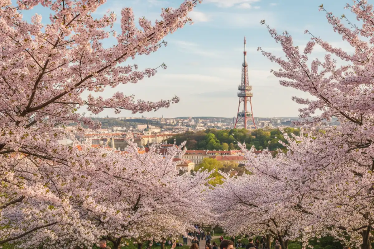People walking through the Petrin Hill gardens with blooming cherry trees and the Petrin Tower in the distance.