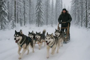 A team of powerful Alaskan huskies enthusiastically pulling a wooden sled through a deep snow trail in a boreal forest, guided by a musher, highlighting the speed and joy of the dogs' work.