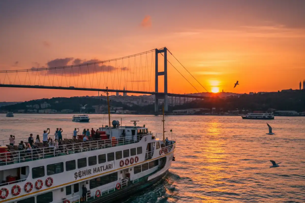 A public ferry cruising the Bosphorus bridge at sunset.