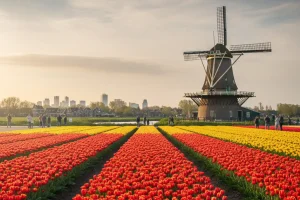 A vibrant field of red and yellow tulips in front of a traditional Dutch windmill near Amsterdam