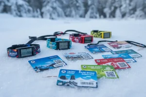 A variety of ski pass wristbands and RFID cards displayed neatly on a snowy surface