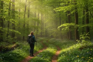 Hiker walking through a sun-dappled ancient forest where fresh green leaves and spring wildflowers carpet the ground
