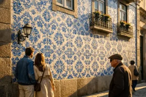 Sun-drenched traditional azulejo tiles on a Porto building wall catching the soft morning light of a Portuguese spring