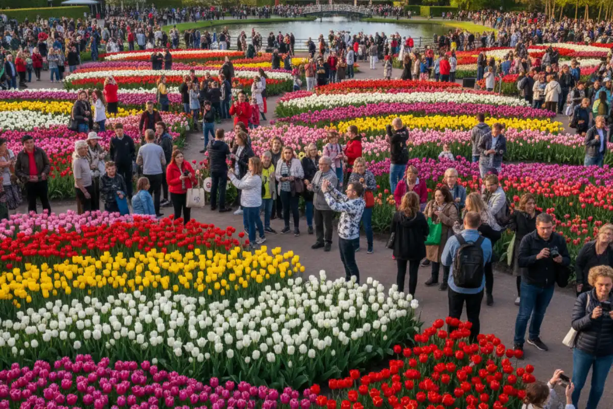 People taking photos in the middle of a massive tulip garden at Keukenhof.