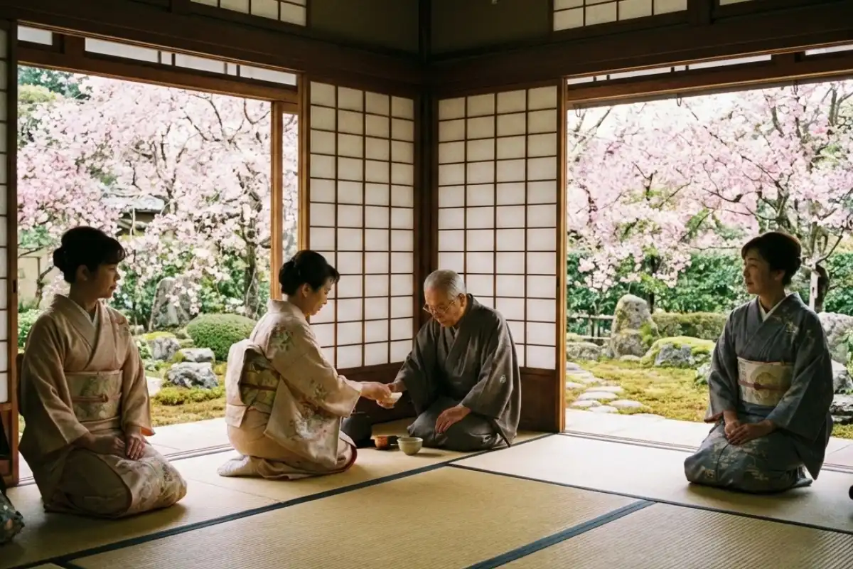 People participating in a traditional tea ceremony in a tatami room overlooking a cherry blossom garden.