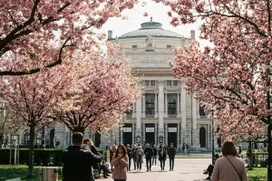 The Vienna State Opera house framed by pink spring blossoms.