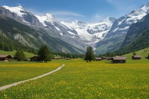 Yellow wildflowers in a green valley below snow-capped Swiss peaks