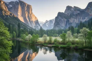 Massive granite cliffs of Yosemite Valley reflected in a glass-like river during the peak spring snowmelt