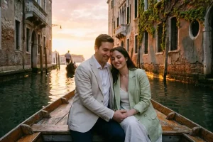 A couple sharing a quiet moment on a classic wooden boat gliding through the narrow canals of Venice during a soft spring sunset