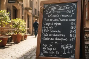 A chalkboard menu in a narrow European alleyway written in the local language with handwritten prices and daily specials