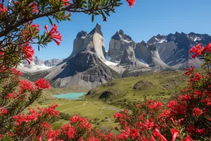 Bright red Chilean Firebush flowers framing the jagged granite towers of Torres del Paine under a crisp blue sky