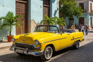 A classic bright yellow 1950s convertible parked against a weathered pastel-blue colonial building in the heart of Old Havana during a sunny spring afternoon