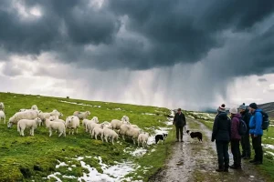 Fluffy white lambs grazing on a vibrant green hillside under a dramatic Highland sky