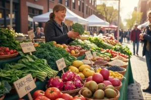 A vibrant selection of fresh produce at a local market featuring ripe tomatoes, leafy greens, and exotic fruits that offer safe options for various dietary needs