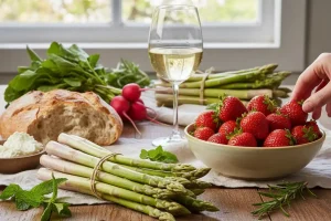 Rustic wooden table spread with fresh spring harvest including vibrant green asparagus, bright red strawberries, and a glass of chilled white wine