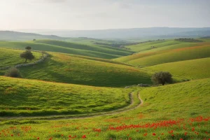 Panoramic view of the rolling green hills of the Galilee in spring dotted with red anemones under a soft Mediterranean sky